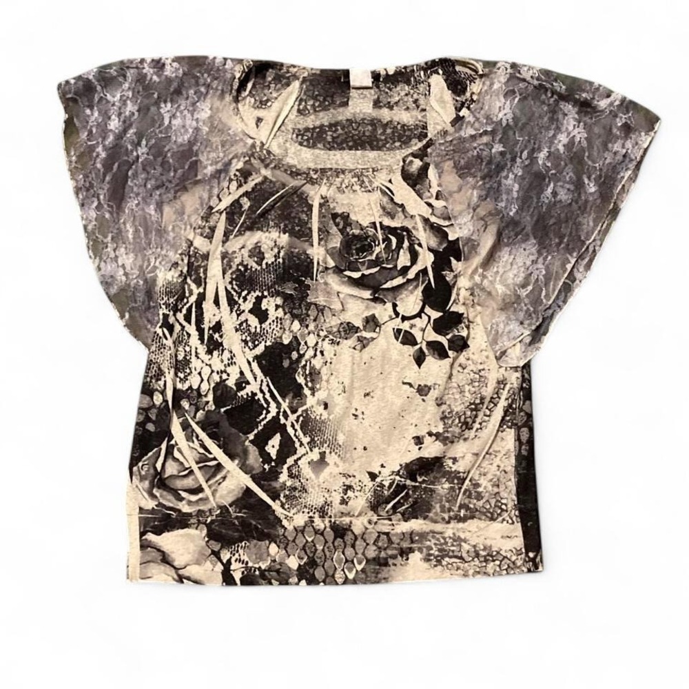 Agenda petite greyscale floral lace top ruffle effect vintage 90s USA PM/17.5